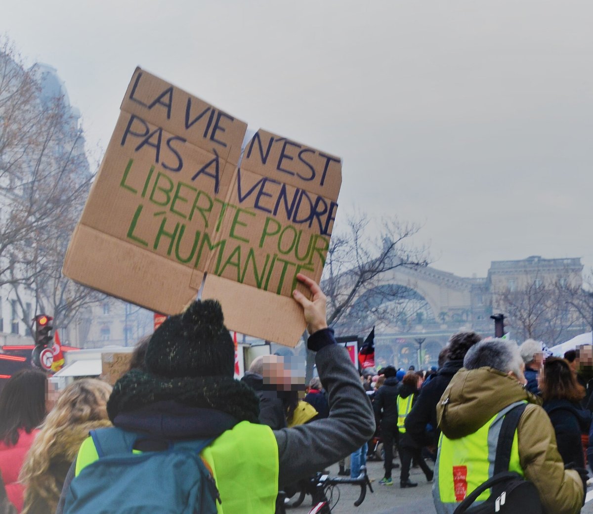 Pancarte « LA VIE N'EST PAS À VENDRE LIBERTE POUR L'HUMANITE », Paris (75), 4 janvier 2020