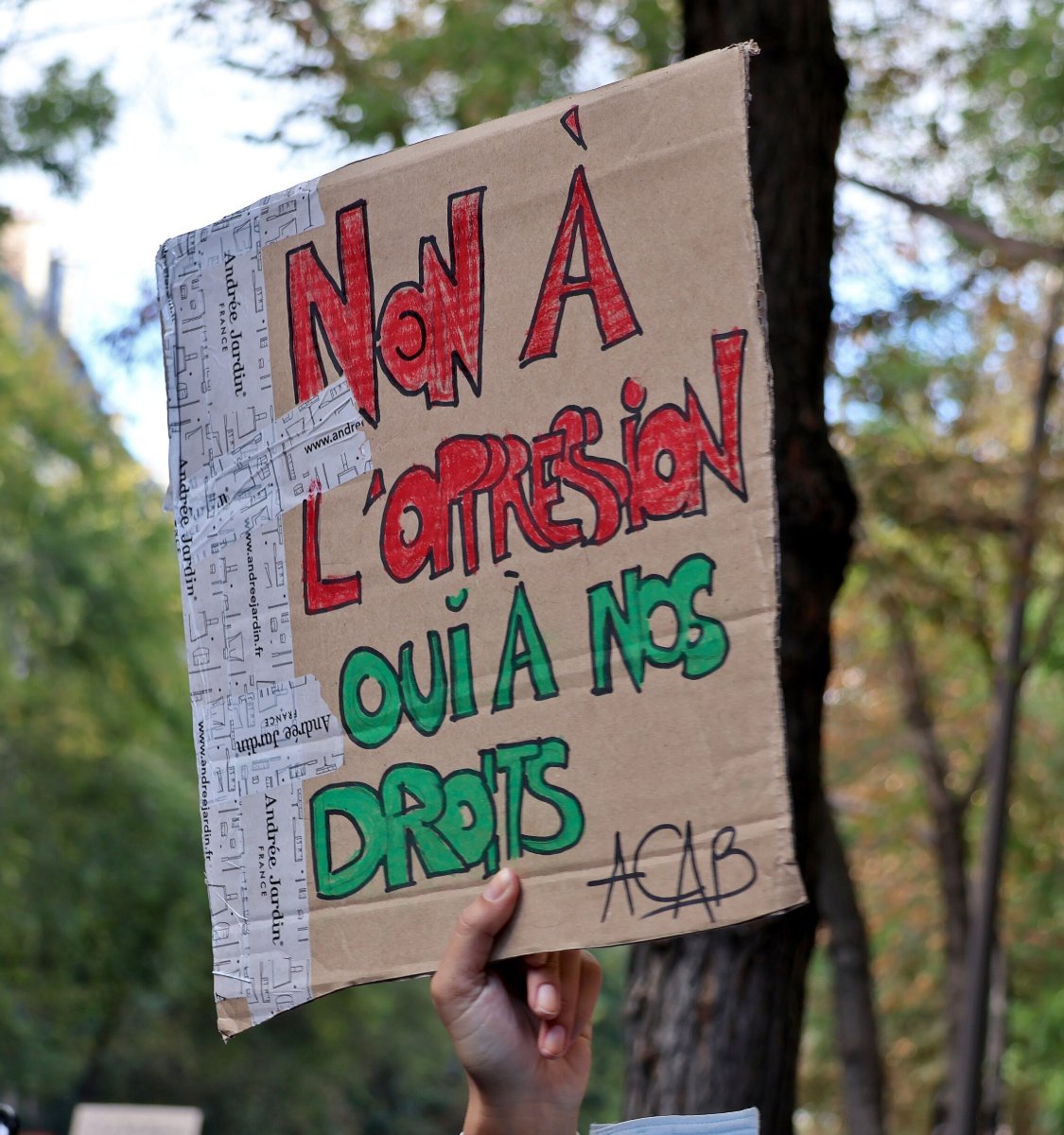 Pancarte « NON À L'OPPRÉSION OUI À NOS DROITS ACAB », Paris (75), 17 octobre 2026