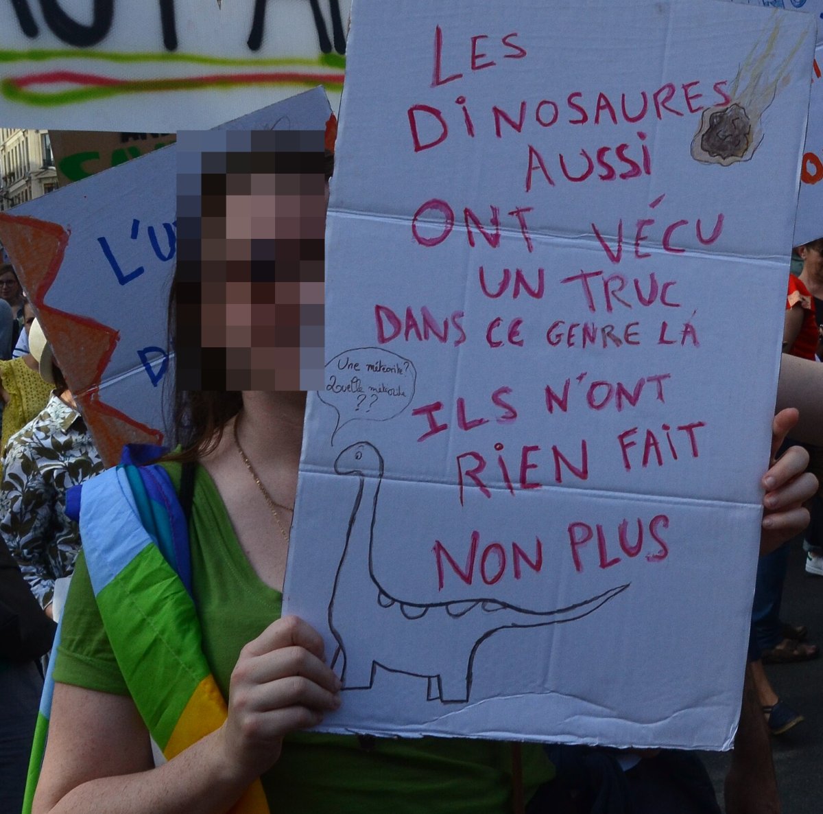 Pancarte « LES DINOSAURES AUSSI ONT VÉCU UN TRUC DANS CE GENRE LÀ ILS N'ONT RIEN FAIT NON PLUS », Paris (75), 13 octobre 2018