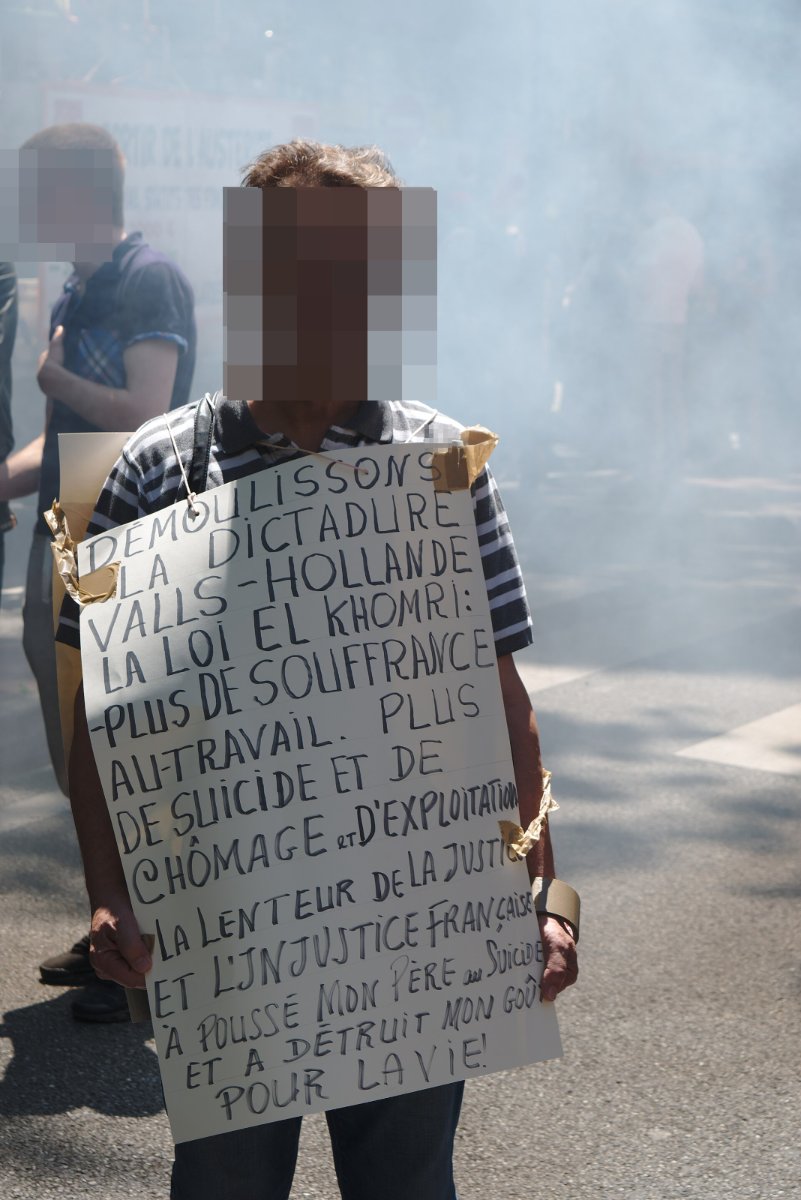 Pancarte « DÉMOULISSONS LA DICTADURE VALLS-HOLLANDE LA LOI EL KHOMRI : PLUS DE SOUFFRANCE AU TRAVAIL. PLUS DE SUICIDE ET DE CHÔMAG… », Toulouse (31), 23 juin 2016
