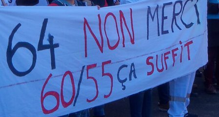 Pancarte « 64 NON MERCI 60/55 ÇA SUFFIT », Belfort (90), 16 février 2023