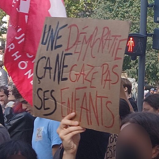 Pancarte « UNE DÉMOCRATIE ÇA NE GAZE PAS SES ENFANTS », Aix-en-Provence (13), 17 octobre 2026