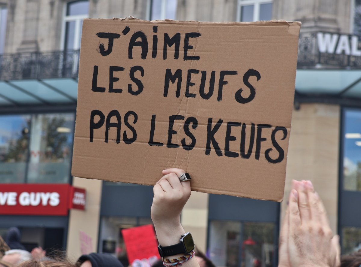 Pancarte « J'AIME LES MEUFS PAS LES KEUFS », Paris (75), 17 octobre 2026
