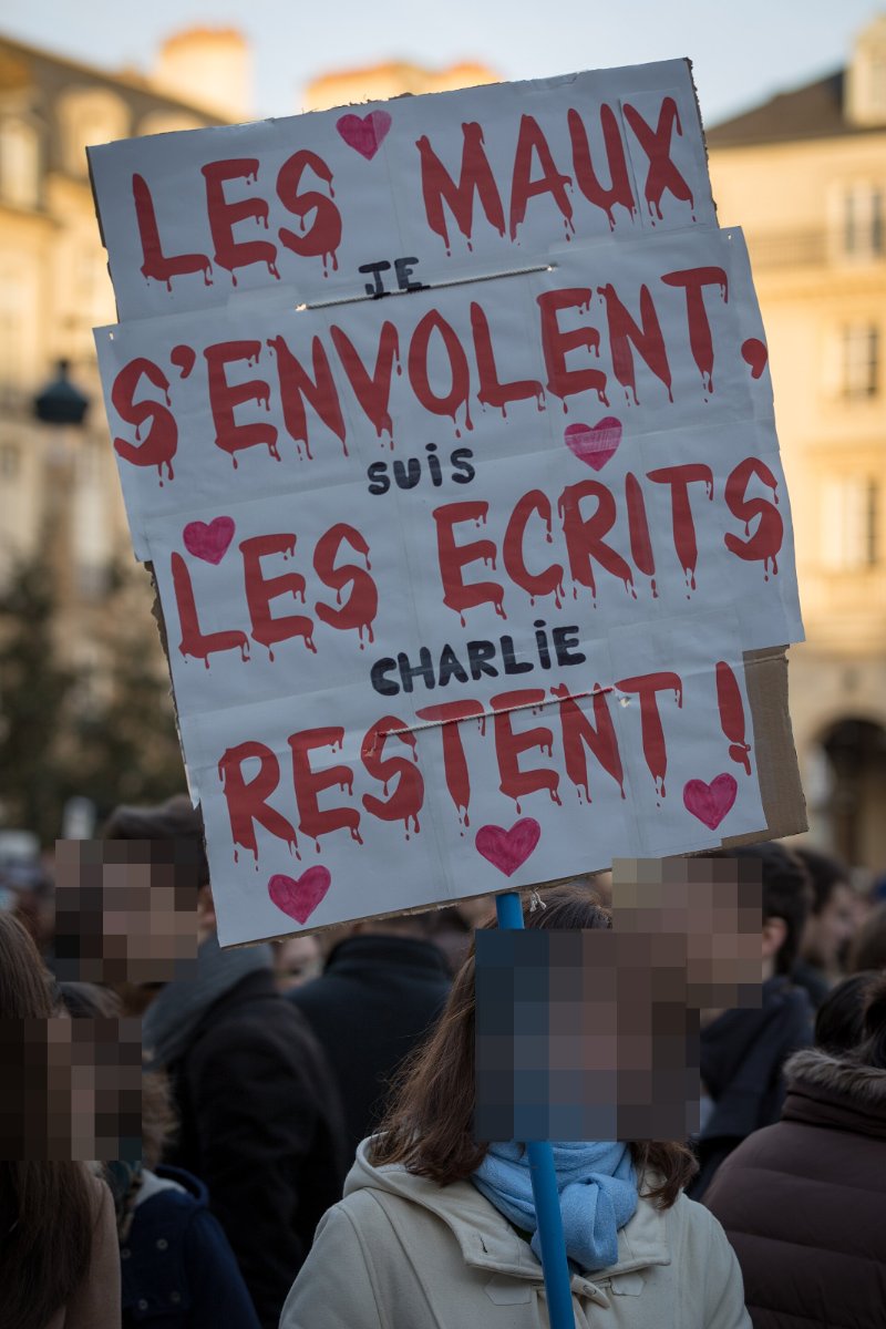 Pancarte « LES MAUX S'ENVOLENT, LES ECRITS RESTENT ! JE SUIS CHARLIE », Rennes (35), 11 janvier 2015