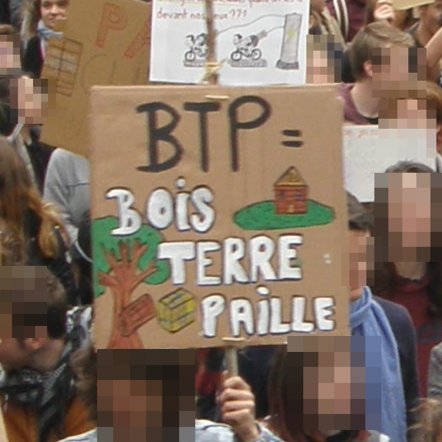 Pancarte « BTP = BOIS TERRE PAILLE », Toulouse (31), 15 mars 2019