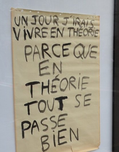 Pancarte « UN JOUR J'IRAIS VIVRE EN THÉORIE PARCE QUE EN THÉORIE TOUT SE PASSE BIEN », Paris (75), 10 décembre 2019