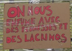 Pancarte « ON NOUS ENFUME AVEC DES PROMESSES ET DES LACRIMOS », Perpignan (66), 2 octobre 2026
