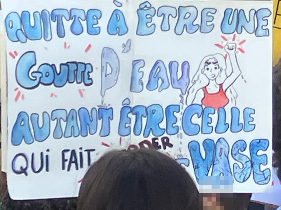 Pancarte « Quitte à être une goutte d'eau, autant être celle qui fait déborder le vase », Lyon (69), 13 octobre 2026
