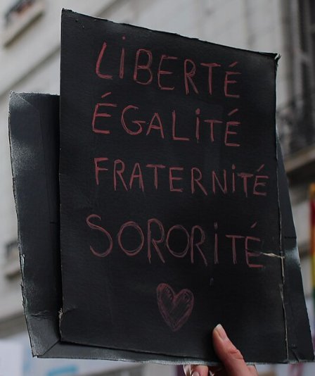 Pancarte « LIBERTÉ ÉGALITÉ FRATERNITÉ SORORITÉ », Tours (37), 24 novembre 2018