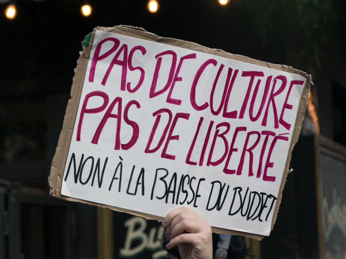Pancarte « PAS DE CULTURE PAS DE LIBERTÉ NON À LA BAISSE DU BUDJET », Paris (75), 17 octobre 2026