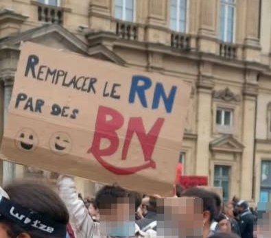 Pancarte « Remplacez le RN par des BN », Lyon (69), 17 octobre 2026