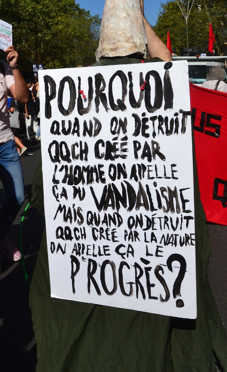 Pancarte « POURQUOI QUAND ON DÉTRUIT QQCH CRÉÉ PAR L'HOMME ON APPELLE ÇA DU VANDALISME MAIS QUAND ON DÉTRUIT QQCH CRÉÉ PAR LA NATU… », Paris (75), 21 septembre 2019