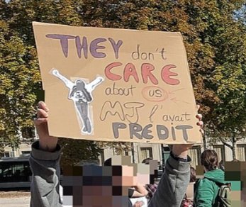 Pancarte « THEY don't CARE about us MJ l'avait PREDIT », Nancy (54), 6 octobre 2026