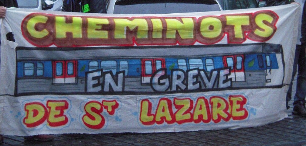 Pancarte « CHEMINOTS EN GREVE DE ST LAZARE », Asnières-sur-Seine (92), 2 juin 2016