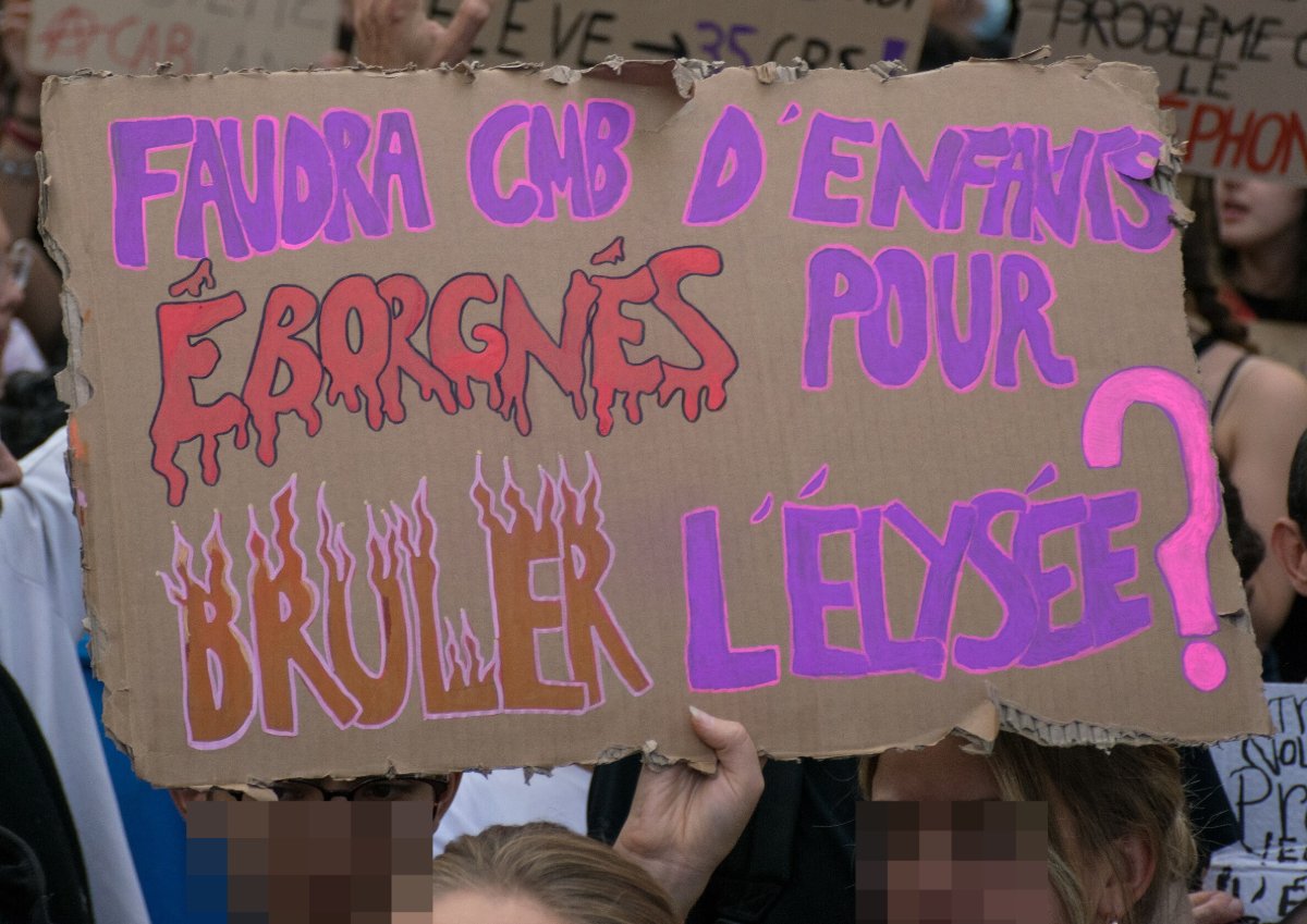 Pancarte « FAUDRA CMB D'ENFANTS ÉBORGNÉS POUR BRÛLER L'ÉLYSÉE ? », Paris (75), 6 octobre 2026