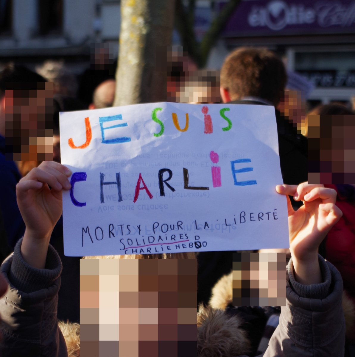 Pancarte « JE SUIS CHARLIE MORTS POUR LA LIBERTÉ SOLIDAIRES CHARLIE HEBDO », Tours (37), 11 janvier 2015