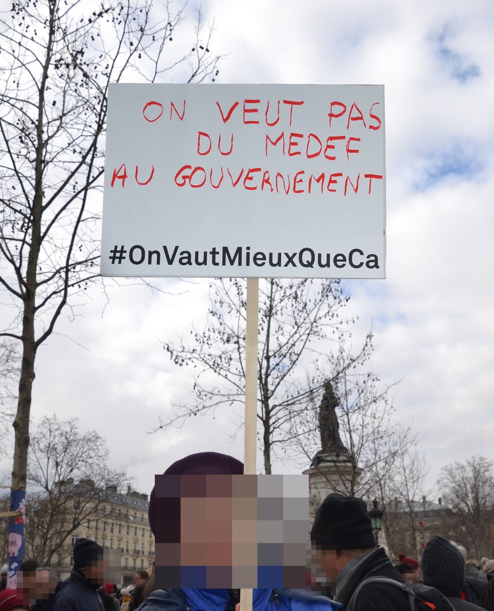 Pancarte « ON VEUT PAS DU MEDEF AU GOUVERNEMENT », Paris (75), 9 mars 2016