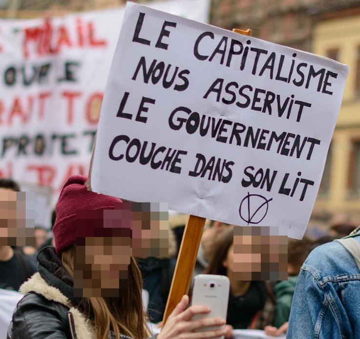 Pancarte « LE CAPITALISME NOUS ASSERVIT LE GOUVERNEMENT COUCHE DANS SON LIT », Toulouse (31), 17 mars 2016