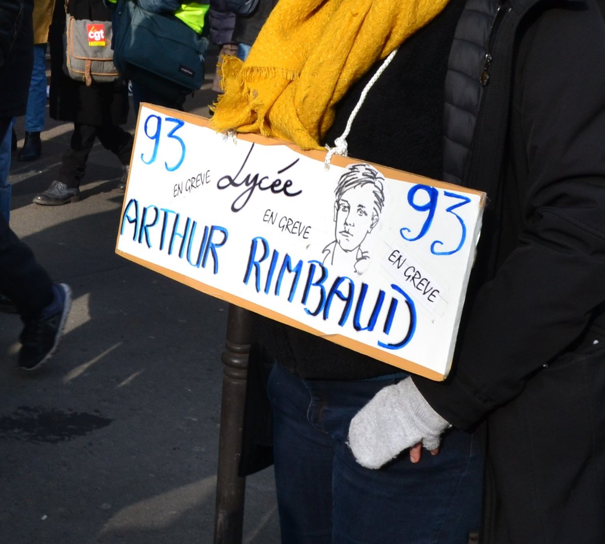 Pancarte « 93 EN GREVE Lycée EN GREVE ARTHUR RIMBAUD 93 EN GREVE », Paris (75), 24 janvier 2020