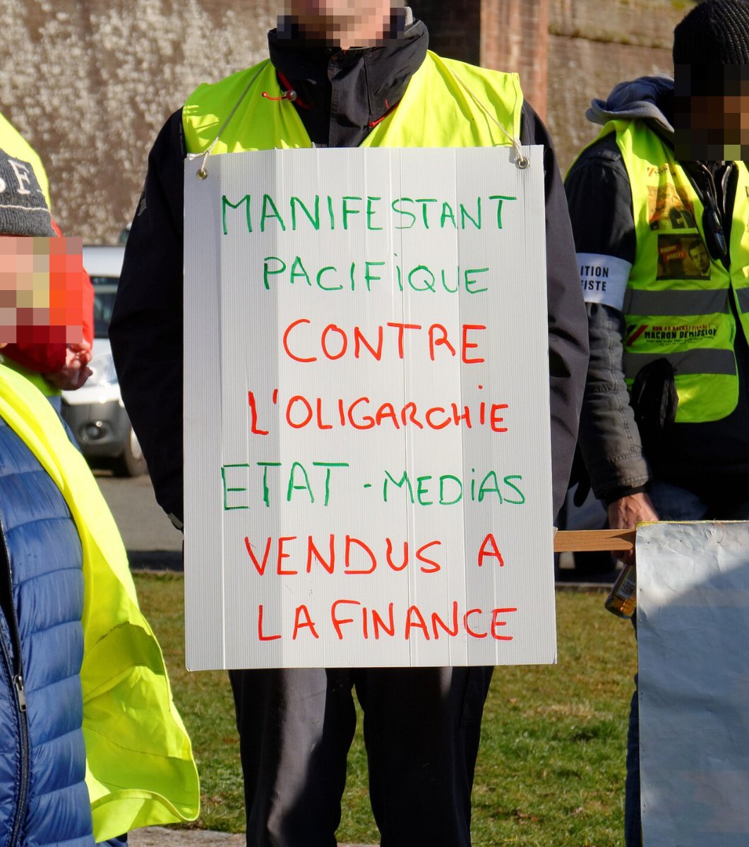 Pancarte « MANIFESTANT PACIFIQUE CONTRE L'OLIGARCHIE ETAT - MEDIAS VENDUS A LA FINANCE », Belfort (90), 19 janvier 2019