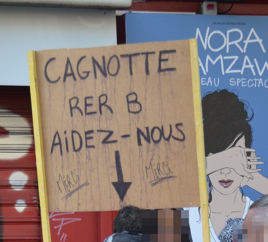 Pancarte « CAGNOTTE RER B AIDEZ-NOUS Merci Merci », Paris (75), 24 janvier 2020