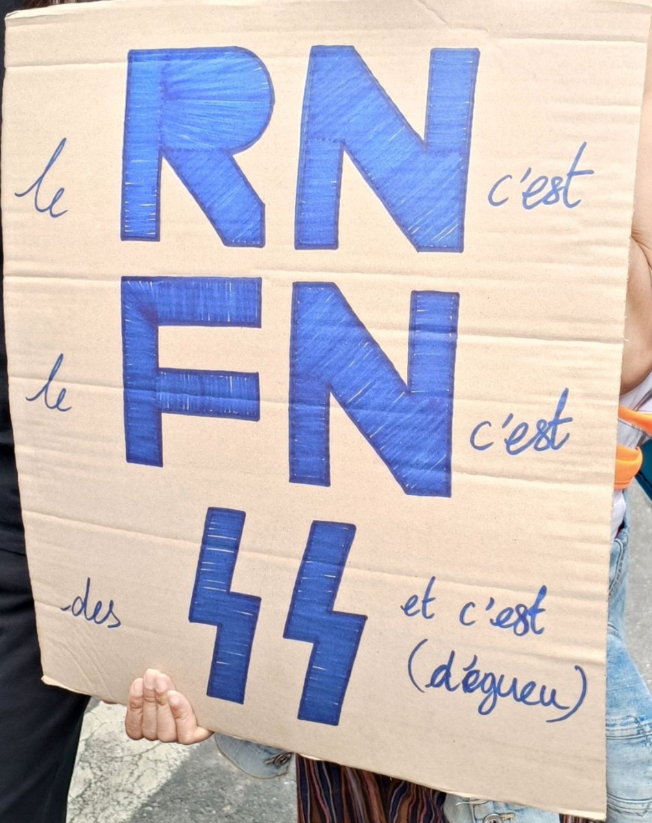Pancarte « le RN c'est le FN c'est des SS et c'est (dégueu) », Lyon (69), 16 juin 2024