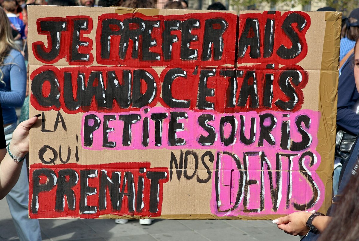 Pancarte « JE PREFERAIS QUAND C'ÉTAIS LA PETITE SOURIS QUI PRENAIT NOS DENTS », Paris (75), 6 octobre 2026