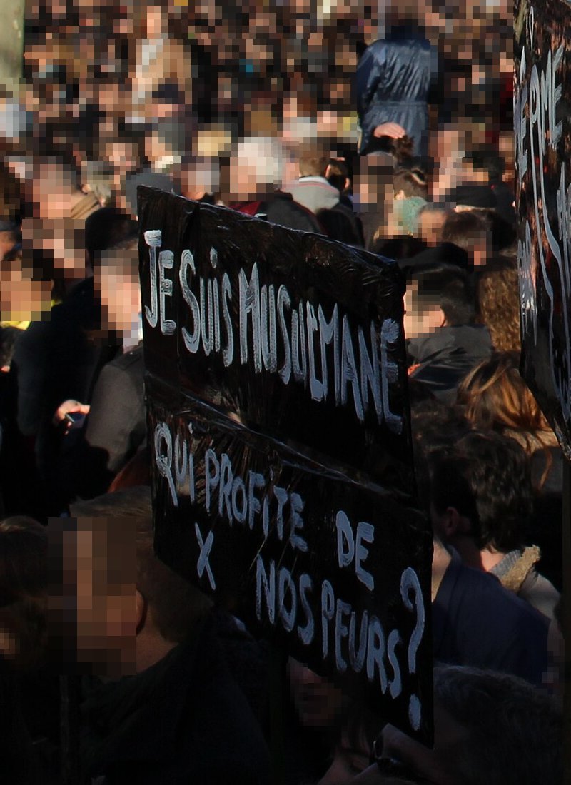 Pancarte « JE SUIS MUSULMANE QUI PROFITE DE X NOS PEURS ? », Bordeaux (33), 11 janvier 2015