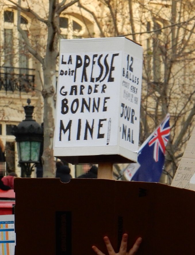 Pancarte « LA PRESSE doit GARDER BONNE MINE / 12 balles c'est cher pour un journal », Paris (75), 11 janvier 2015